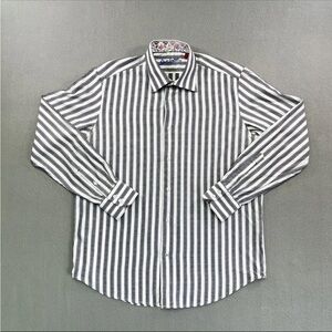 Robert Graham Shirt Mens Large Long Sleeve Button Up Gray White Striped Contrast